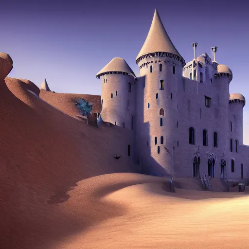 Image similar to A digital concept art painting of a dark blue medieval european ghotic castle in desert, 4K UHD image, unreal engine