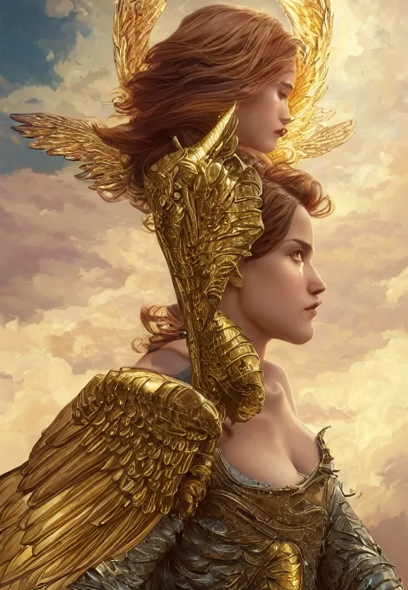 Prompt: A beautiful fierce angel with wings, wearing metal battle armor and a flaming sword, among heavenly sunlit clouds, intricate, elegant, detailed, digital painting, golden hour photography, profile shot, trending on artstation, concept art, smooth, sharp focus, illustration, art by artgerm and Greg Rutkowski and Alphonse Mucha