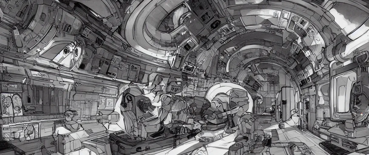 Prompt: concept art for the interior of a space station there is a large window looking out on a planet from space by kim jung gi