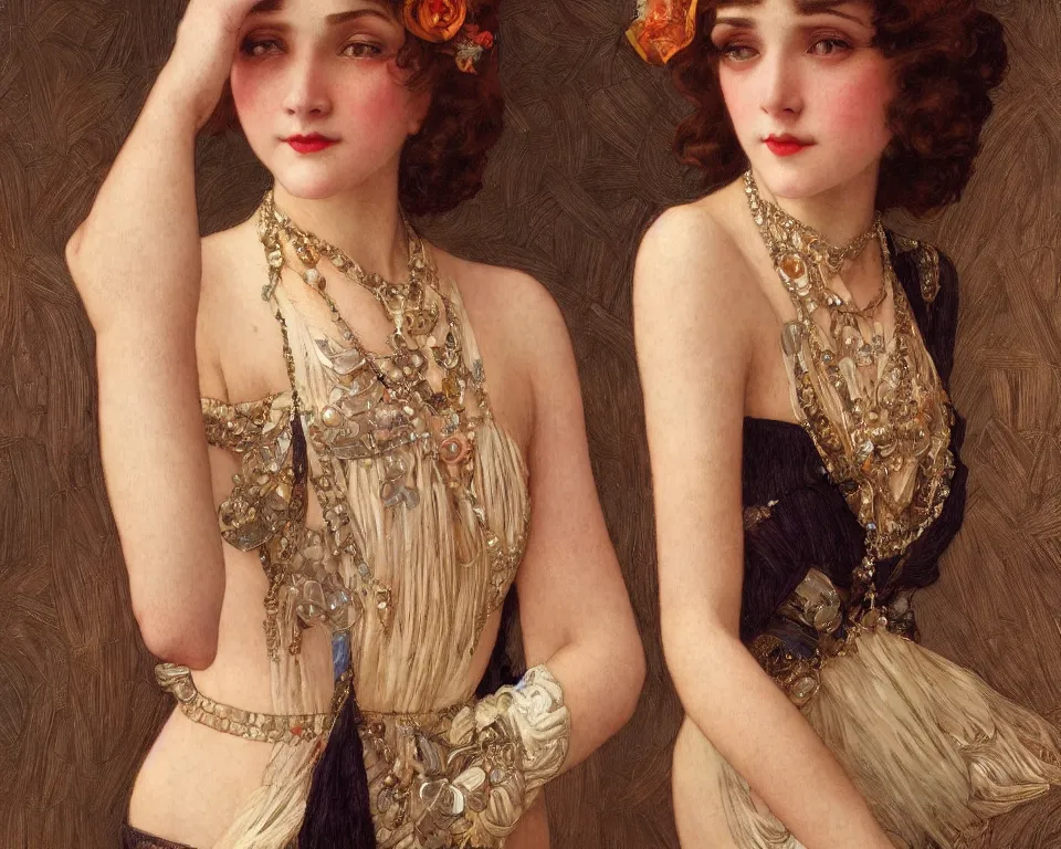 Image similar to portrait beautiful flapper girl, intricate, elegant, highly detailed, 1 9 2 0's style speakeasy, digital painting, artstation, concept art, smooth, sharp focus, illustration, art by artgerm and greg rutkowski and alphonse mucha and william - adolphe bouguereau