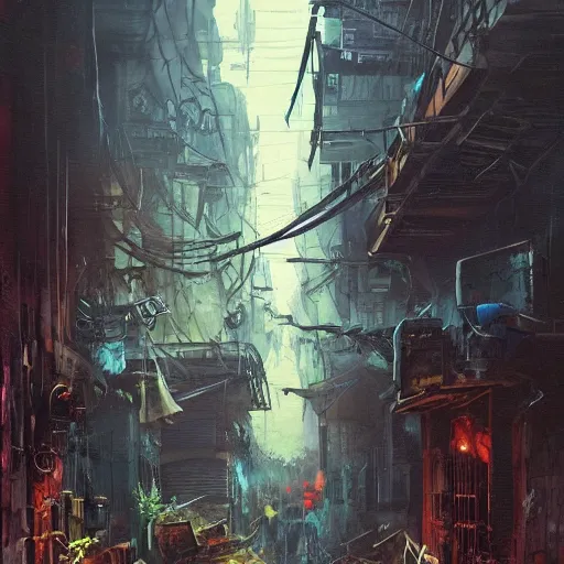 Prompt: a spectacular painting of an aetherpunk alleyway where an evil miasma is rising up from among the piles of refuse on a dark night : 2. 5, by paul cadden and chris foss : 3, nib pen and gouache : 2, photorealistic urban : 2, trending on artstation : 1