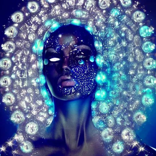 Prompt: portrait of a beautiful futuristic woman layered with high-tech jewelry wrapping around her face and head, golden-silver light with tiny blue gems scattered like dust