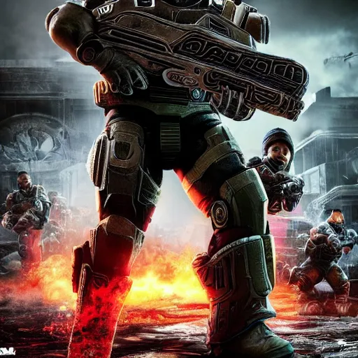 Image similar to Donald Trump as Masterchief in gears of war, splash art, movie still, detailed face, photorealistic facial features, cinematic lighting, dramatic, octane render, long lens, shallow depth of field, bokeh, anamorphic lens flare, 8k, hyper detailed, 35mm film grain