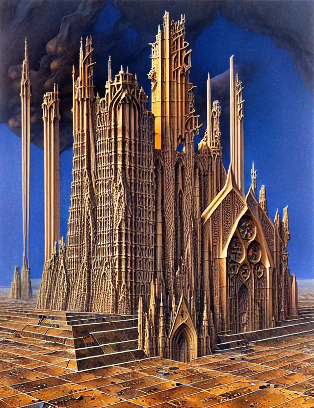 Prompt: close shot of a giant immense squared crematorium gothic architecture advanced technology scifi architectural structure desert planet, fantasy, d & d, intricate, painting by lucian freud and mark brooks, bruce pennington,