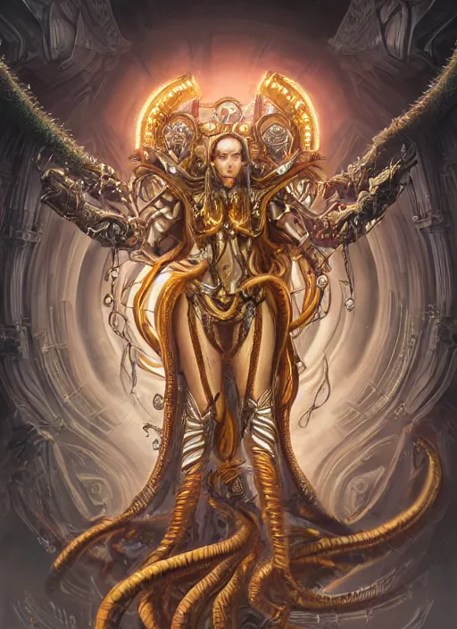 Image similar to ultradetailed ornate sci-fi RPG character illustration of a beautiful symmetric Medusa radiating a majestic glowing aura wearing a cyberpunk armor with decorum while fighting eldritch horrors, smooth digital airbrush painting, 3d rim light, hyperrealistic, masterpiece, artstation, cgsociety, concept art, kodakchrome