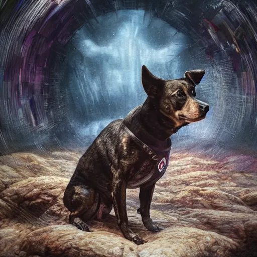 Image similar to hyperrealistic mixed media painting of Hitler as a dog, stunning 3d render inspired art by P. Craig Russell and Barry Windsor-Smith, 8k octane beautifully detailed render, post-processing, extremely hyperdetailed, intricate, epic composition, grim yet sparkling atmosphere, cinematic lighting + masterpiece, trending on artstation, very detailed, masterpiece, stunning