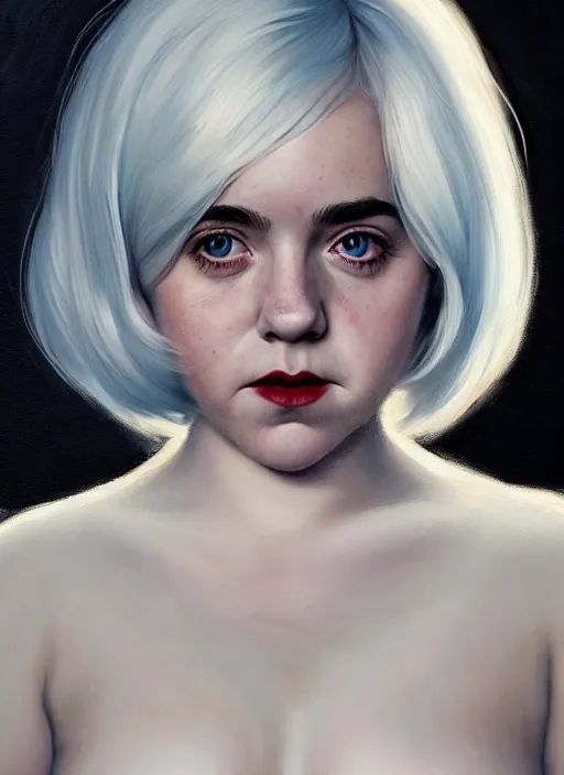 Image similar to full body portrait, kiernan shipka as sabrina spellman, white hair, obese, bangs, sultry, realistic, sultry smirk, fluffy bangs, freckles, fat, belly, intricate, elegant, highly detailed, digital painting, artstation, concept art, smooth, sharp focus, illustration, art by wlop, mars ravelo and greg rutkowski