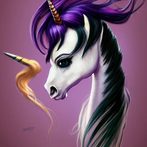 Prompt: portrait of a menacing beautiful Rarity, unicorn mare, short muzzle, top half of body, My Little Pony, by Stanley Artgerm Lau , greg rutkowski, thomas kindkade, alphonse mucha, loish, norman rockwell, J. C. Leyendecker. bright purple mane, purple fur, angry complexion, beautiful detailed eyes, black rose frame. D&D, fantasy. Trending on artstation rule of thirds extremely detailed old illustration hd 4k