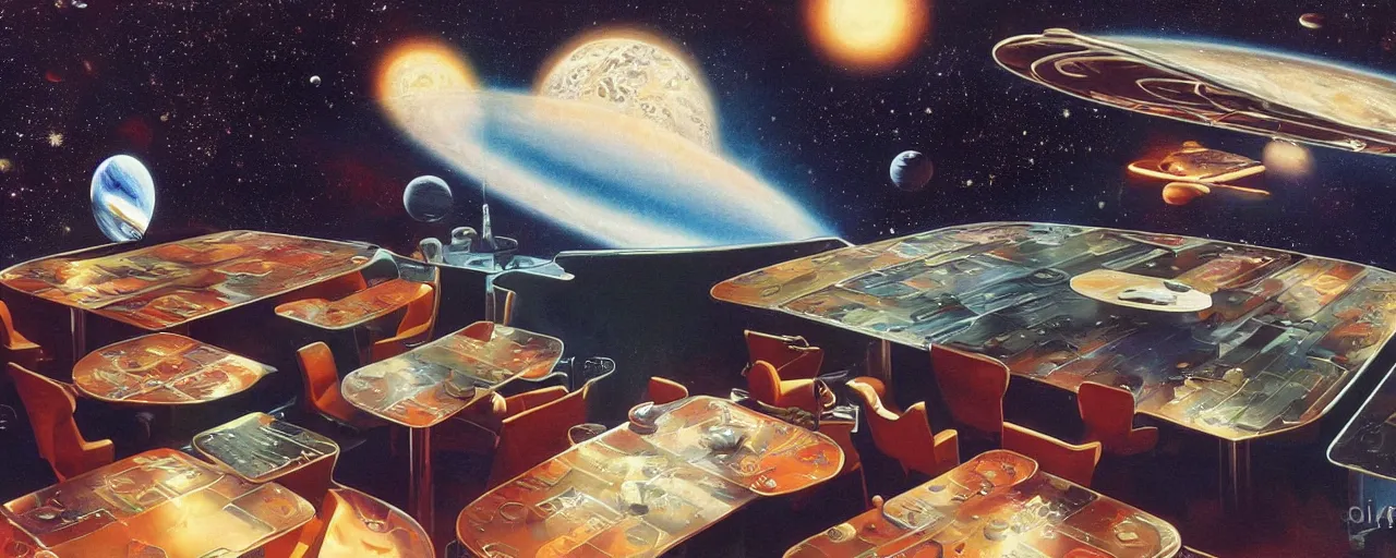 Image similar to a cafeteria table in space by david a. hardy