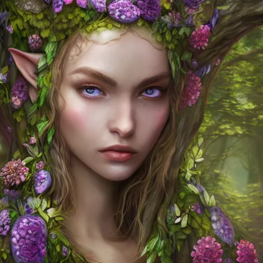 Image similar to a picture of a forest elf clothed in flowers and leaves standing on a stone in an enchanted forest, high fantasy, elegant, epic, detailed, intricate, digital painting, concept art, realistic detailed face, smooth, focus, rim light, detailed 8 5 mm f / 1. 4
