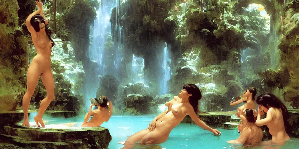 Prompt: a tropical cave that renovate as a luxury interior as a harem of beautiful women bathe in the waters by syd mead, frank frazetta, ken kelly, simon bisley, richard corben, william - adolphe bouguereau