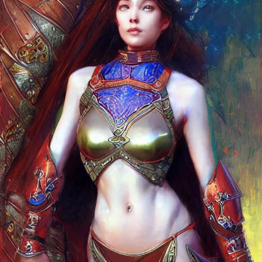 Prompt: bikini armor female knight, elegant, vibrant, fantasy, intricate, smooth, painted by edgar maxence, greg rutowski, ross tran, artgerm