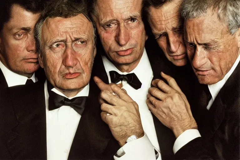 Prompt: a highly realistic national portrait winner, hasselblad medium format portrait of the three richest men in the world, crying. by anne leibovitz