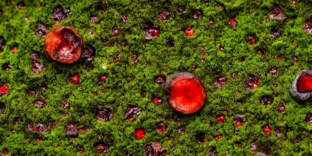Image similar to extraterrestrial moss with some tiny red mushrooms, fog, dew, realistic, highly detailed, macro photography, trending on artstation