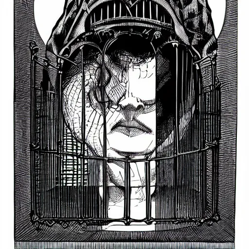 Image similar to a man with a gothic cage over his face who is afraid of waking up