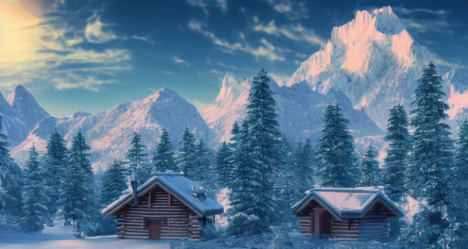 Prompt: log cabin beneath the alps, vaporwave aesthetic, matte painting 4 k