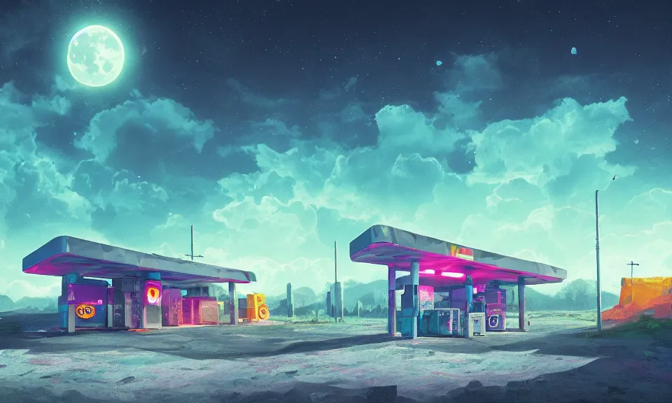 Prompt: hexagon moon, abandoned gas station in spruce forest, alien planet landscape, bright, colorful clouds, falling star, matte painting, trending on artstation, alena aenami