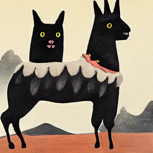 Image similar to two black cats riding on back of llama, andes, matte