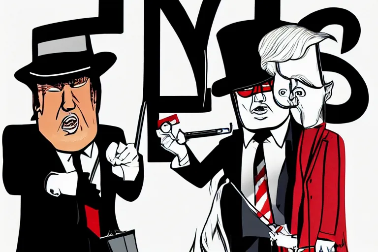 Image similar to 2 d poster illlustration donald trump and donald trump wearing trenchcoats and black spy hats for the movie spy vs spy