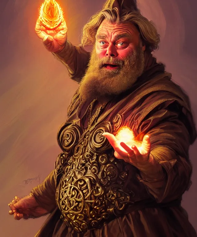 Image similar to brian blessed as a fantasy dwarf wizard, casting a fireball spell, portrait, fantasy, intricate, elegant, highly detailed, digital painting, artstation, concept art, smooth, sharp focus, illustration, art by artgerm and greg rutkowski and alphonse mucha