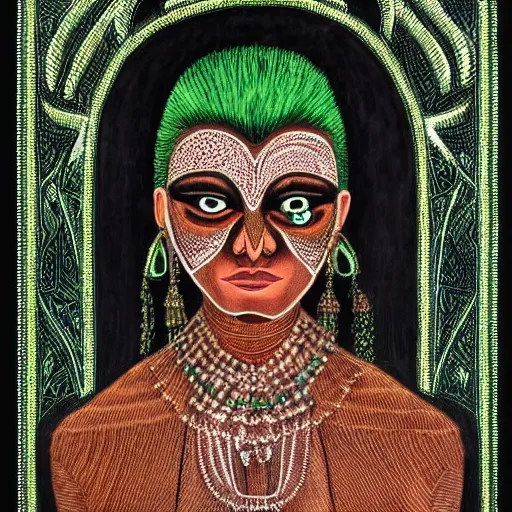 Image similar to professional portrait of a green annunaki woman, creepy, black background, very detailed, very intricate, intimidating,