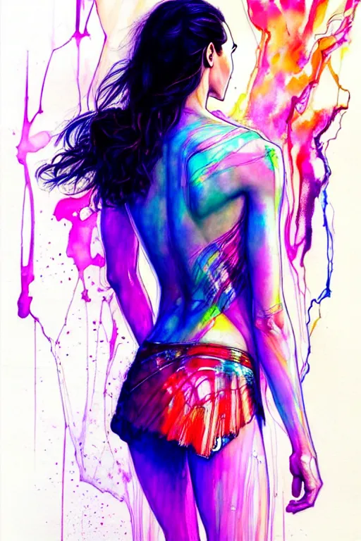 Image similar to gal gadot by agnes cecile enki bilal moebius, intricated details, 3 / 4 back view, full body portrait, extremely luminous bright design, pastel colours, drips, autumn lights