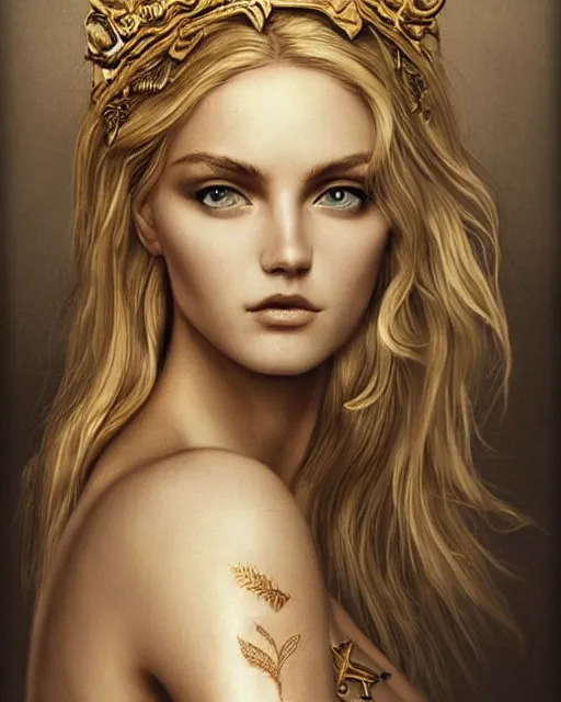 Image similar to tattoo sketch of beautiful super model aphrodite greek goddess wearing a gold laurel wreath and triangle earrings,, beautiful piercing gaze with sharp pupils, beautiful blonde hair, in the style of greg rutkowski, fantasy, amazing detail, epic, elegant, smooth, sharp focus, front view