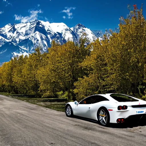 Image similar to a beautiful ferrari park next to a tree it's a sunny day with no cloud in the sky and there is one road next to the car the background is a view of mountains professional photograph