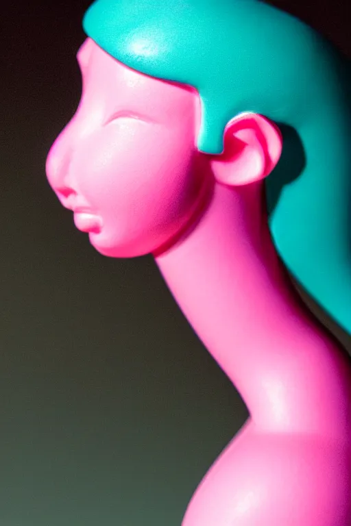 Image similar to hyperrealistic very deatiled profile rococo female face with neon pink eyes and mechanical mouth Stanley Artgermm very soft teal lighting wide angle 35mm shallow depth of field 8k