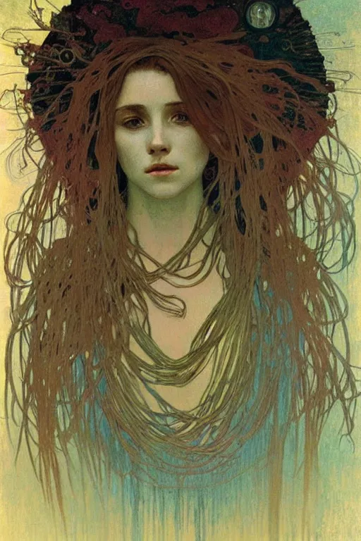 Prompt: woman portrait, alphonse mucha meet beksinski