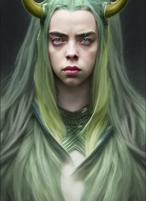 Prompt: Billie Eilish as female loki by, hyper detail, hyper realistic, octane render, gorgeous symmetrical face, elegant, intricate, studio lighting, by Greg rutkowski