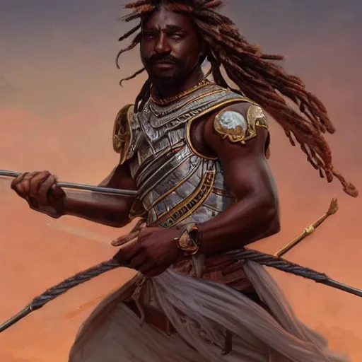 Image similar to a strong, dark-skinned mesopotamian archer with dreadlocks and six fingers, D&D, highly detailed, digital painting, artstation, concept art, sharp focus, illustration, cinematic lighting, art by artgerm and greg rutkowski and alphonse mucha