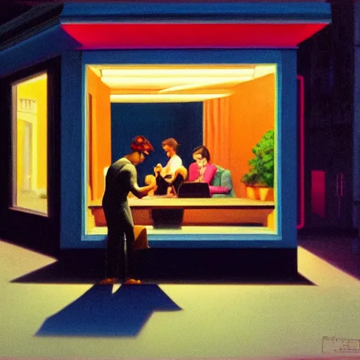 Prompt: an 80s dinner at night, the lights light up the street, Man with a paper bag over his head, in the style of Edward Hopper, 4K,