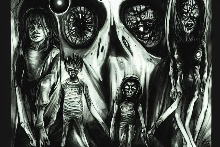 Image similar to black eyed kids, big black alien eyes, by ben templesmith