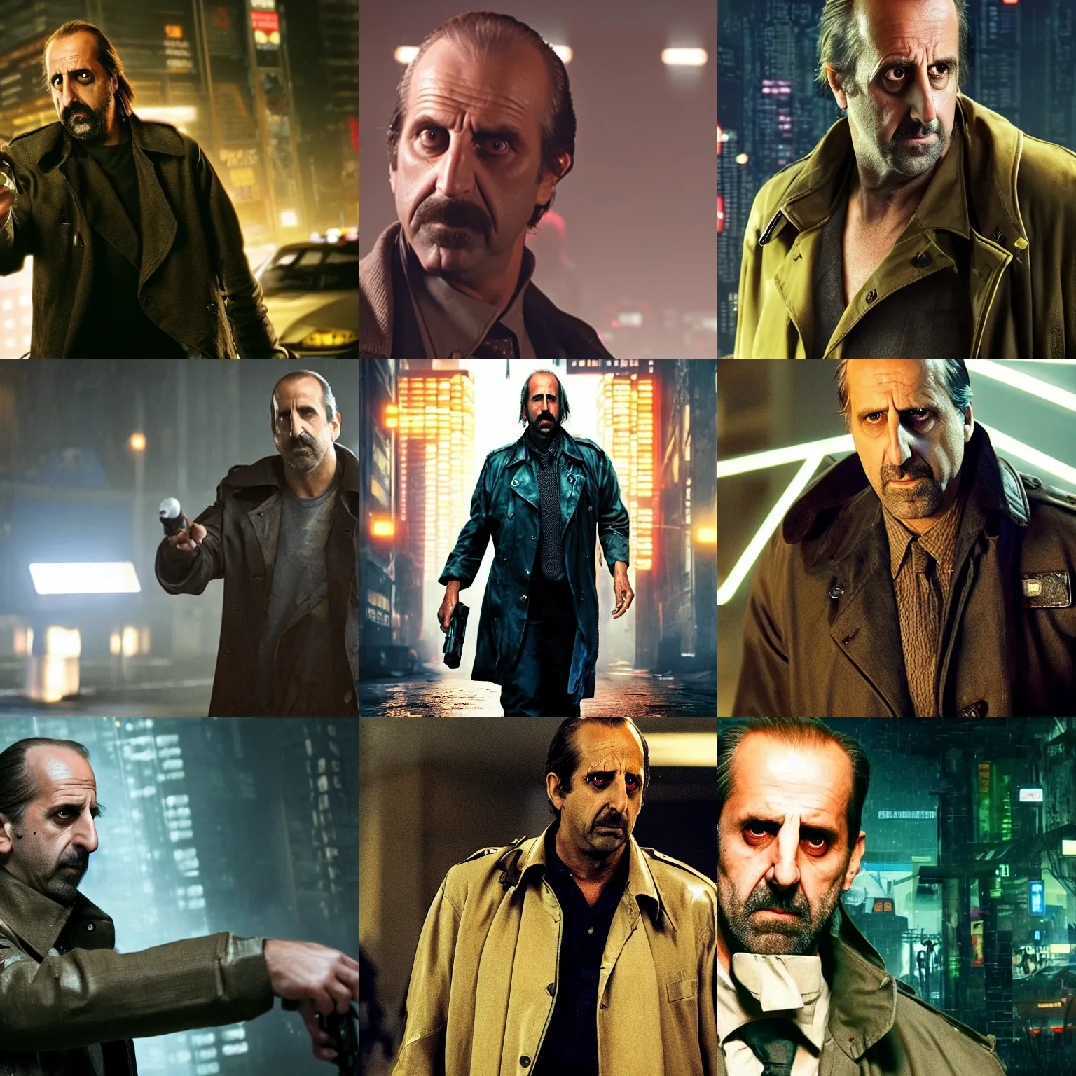Prompt: police detective played by peter stormare in a trenchcoat, in the movie bladerunner, led lights, cyberpunk 2 0 4 9, cyberpunk 2 0 7 7, city