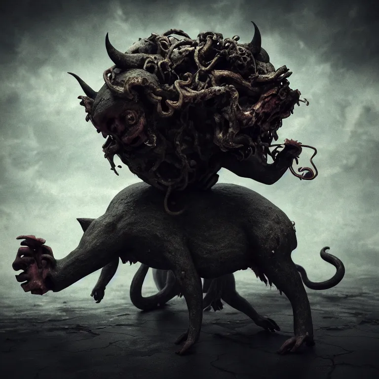 Image similar to portrait of a demon with pig body, monkey head, down curved horns, four hands on exoplanet, wrecked technology, dark clouds, surreal abandoned buildings, dream-like heavy atmosphere, baroque painting, beautiful detailed intricate insanely detailed octane render trending on Artstation, 8K artistic photography, photorealistic, dramatic volumetric cinematic light, chiaroscuro, award-winning photograph, masterpiece, Raphael, Caravaggio, Beksinski, Giger