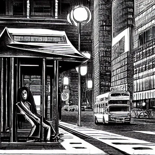 Image similar to dark city bus stop, by kentaro miura,black and white, very detailed, ArtStation