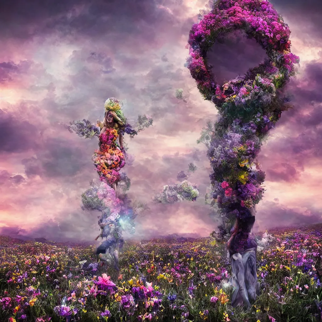 Image similar to a planet of various flowers, fungus and plants, in which the human figure is dressed in something magical and impressive, inside the picture is infinity, sunset light, Atmospheric phenomenon, artistic photography, muted colors, conceptual, long exposure outside the city