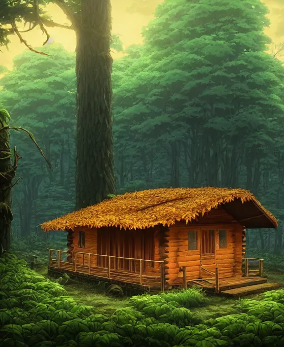 Image similar to a large, simple, cabin made from leaves, overgrown with huge exotic fungus, deep in the woods, sun drenched, partly cloudy, by dan mumford, yusuke murata, makoto shinkai, ross tran, cinematic, unreal engine, cel shaded, featured on artstation, pixiv