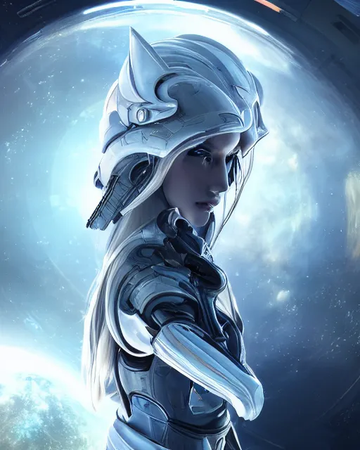 Prompt: photo of a android girl on a mothership, warframe armor, beautiful face, scifi, hood, futuristic background, galaxy raytracing, masterpiece, ethereal, beauty, long white hair, blue cyborg eyes, cosmic wind, priestess, 8 k high definition, insanely detailed, intricate, innocent, art by akihiko yoshida, antilous chao, woo kim