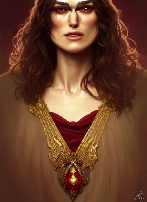 Image similar to portrait of keira knightley as a vampire lord, jewelry, greek, ruby, intricate, headshot, highly detailed, digital painting, artstation, concept art, sharp focus, cinematic lighting, illustration, art by artgerm and greg rutkowski, alphonse mucha, cgsociety