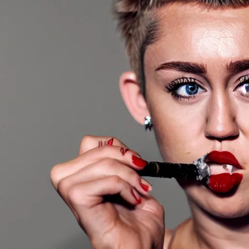 Image similar to Miley Cryus smoking a cigarette, 8k, realistic, extreme details, detailed, sharp, smoke