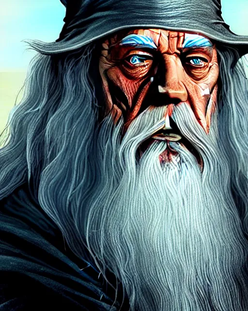 Prompt: Gandalf the white from Lord of the rings in GTA V loading screen, GTA V Cover art by Stephen Bliss, boxart, loading screen,