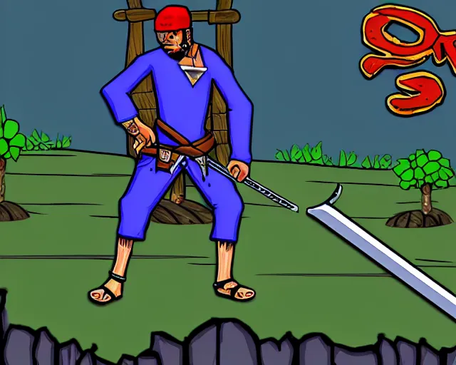 Prompt: screenshot of a crips gang member in the two dimensional browser game swords and sandals ( 2 0 0 5 ), ( ( cartoon ) ), whiskeybarrel studios, higly detailed, high quality