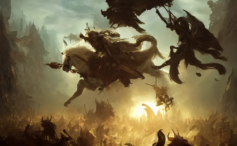 Image similar to The epic battle of elves and angels, elegant, volumetric lighting, digital painting, highly detailed, artstation, sharp focus, illustration, concept art, ruan jia, steve mccurry