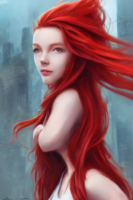 Image similar to beautiful cute red haired joyful and playful 1 9 year old maiden standing up in casual clothing, long hair, modern city, rpg character, sci - fi, fantasy, intricate, elegant, digital painting, artstation, concept art, smooth, 8 k frostbite 3 engine, ultra detailed, art by artgerm and greg rutkowski and magali villeneuve