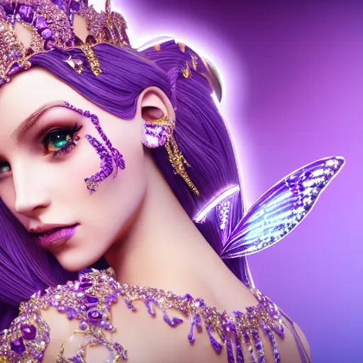 Image similar to portrait princess of amethyst, glowing, ornate and intricate purple jewelry, jaw dropping beauty, glowing background lighting, purple accent lighting, hyper detailed, fairy tale, 4 k octane render