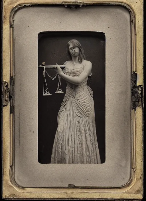 Image similar to old wetplate daguerreotype portrait of lady justice, explosion of data fragments, fractal, intricate, elegant, highly detailed, parallax, leica, medium format, subsurface scattering, portrait, elegant, highly detailed, matte painting, by stanley spencer