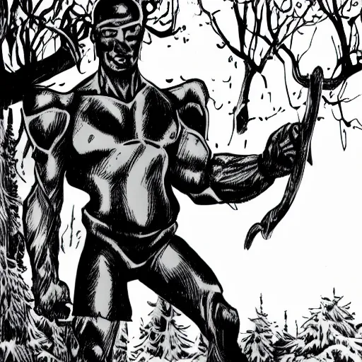 Image similar to A 15 foot tall, muscular bald hairless pale humanoid with a perfectly symmetrical face, dressed in black body armour, in the background is a dense and foggy forest of trees. Black and white colour, high contrast, comic book,