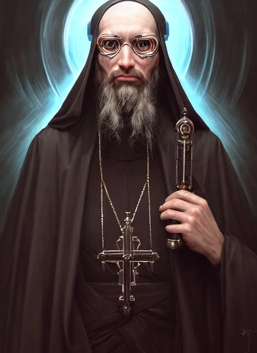 Image similar to portrait of a cyberpunk orthodox priest, grim - lighting, high - contrast, intricate, elegant, highly detailed, centered, digital painting, artstation, concept art, smooth, sharp focus, illustration, artgerm, tomasz alen kopera, peter mohrbacher, donato giancola, joseph christian leyendecker, wlop, boris vallejo